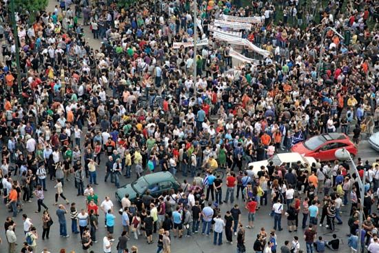 A protest in Greece during the euro-zone debt crisis